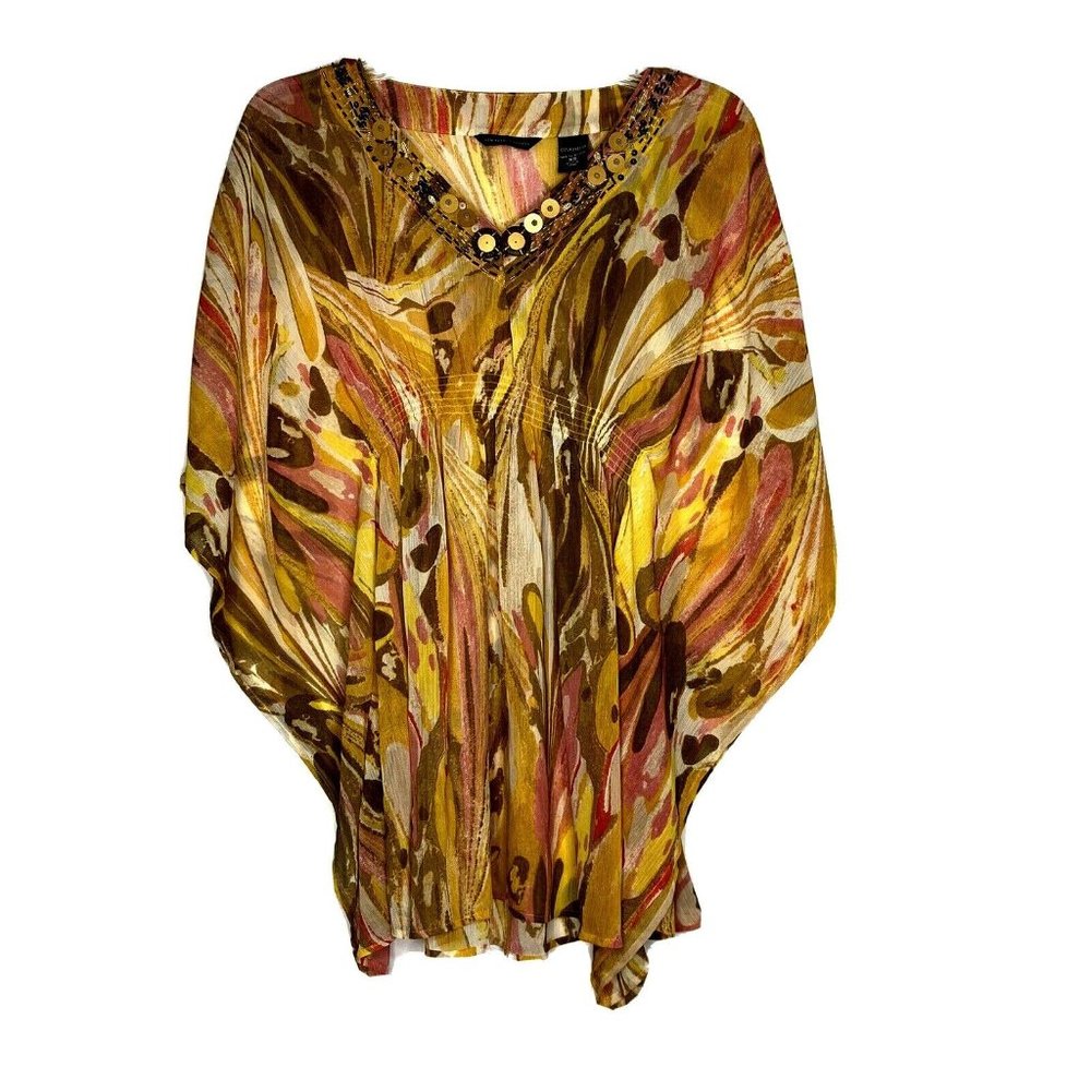 New York & Company Ladies Size XS Yellow Print Beading Handkerchief Top